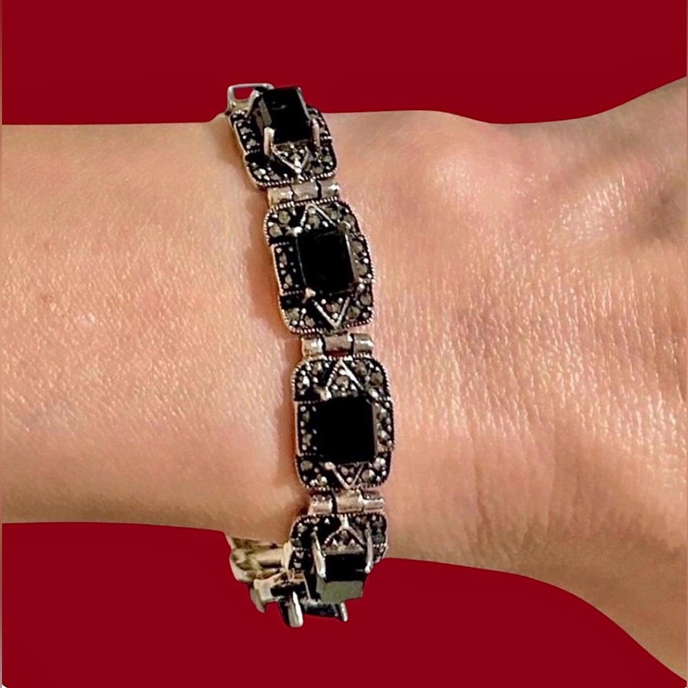 Antique Onyx & Marcasite Sterling Silver Chunky Art Deco Bracelet